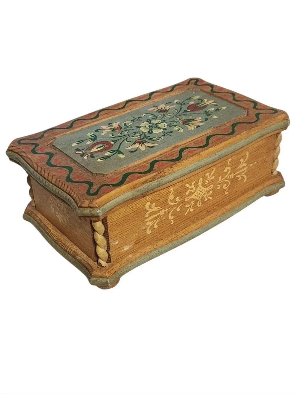 Vintage Reuge ? Footed Wooden Hand Painted Trinket Music Box w/ Swiss Movement